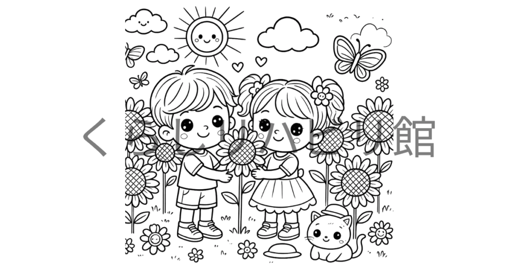 ひまわり畑でひまわりを持つ子どもたちと子猫の夏のぬりえサンプル