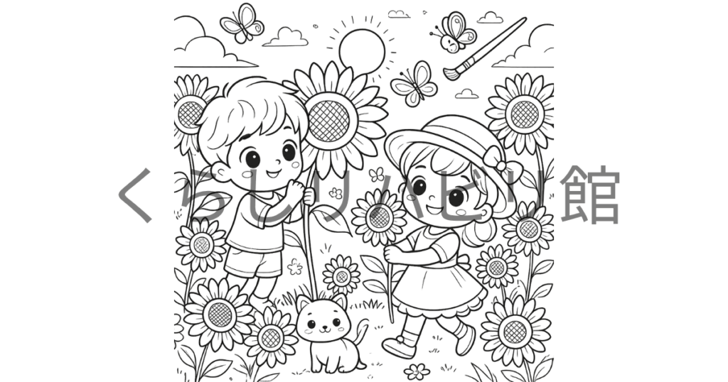 ひまわりと蝶に囲まれた子どもたちと子猫の夏のぬりえサンプル