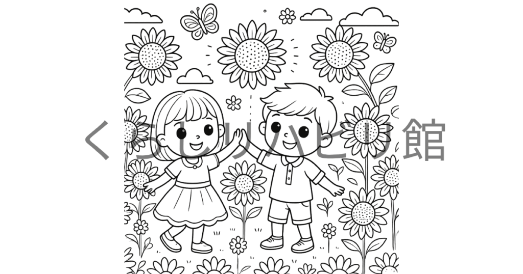 ひまわり畑でハイタッチする子どもたちと蝶の夏のぬりえサンプル
