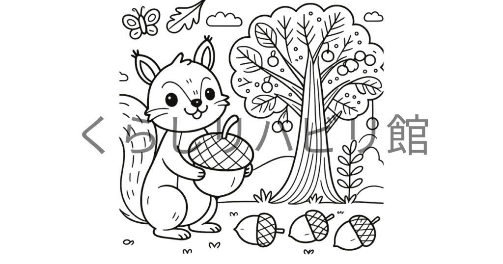 大きなどんぐりを持つリスと、木や落ち葉を描いた秋のぬりえのサンプル