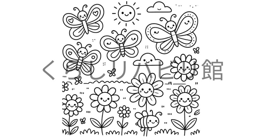 ちょうちょとミツバチが飛ぶ花畑の夏のぬりえサンプル
