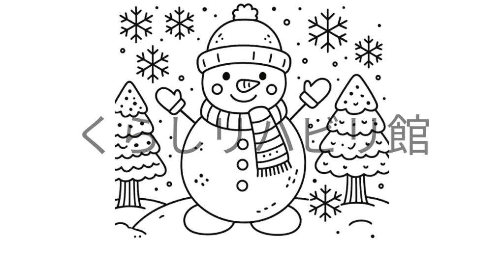 冬のぬりえ①｜帽子とマフラーの雪だるまのサンプル画像