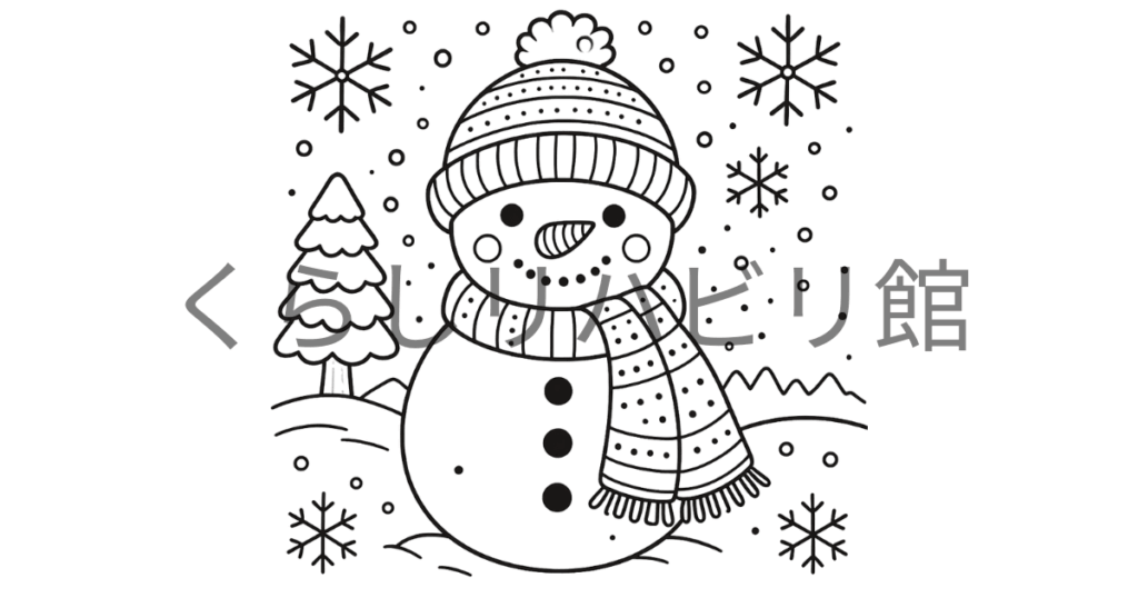 冬のぬりえ②｜雪の中の大きな雪だるまのサンプル