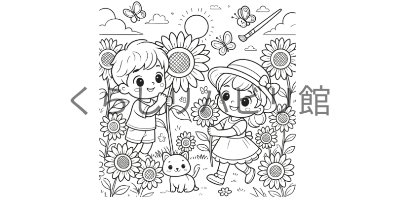 夏のぬりえ②｜ひまわりと蝶に囲まれた子どもたち